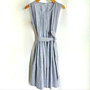 Blue & White Stripe Sleeveless Midi Dress with Belt